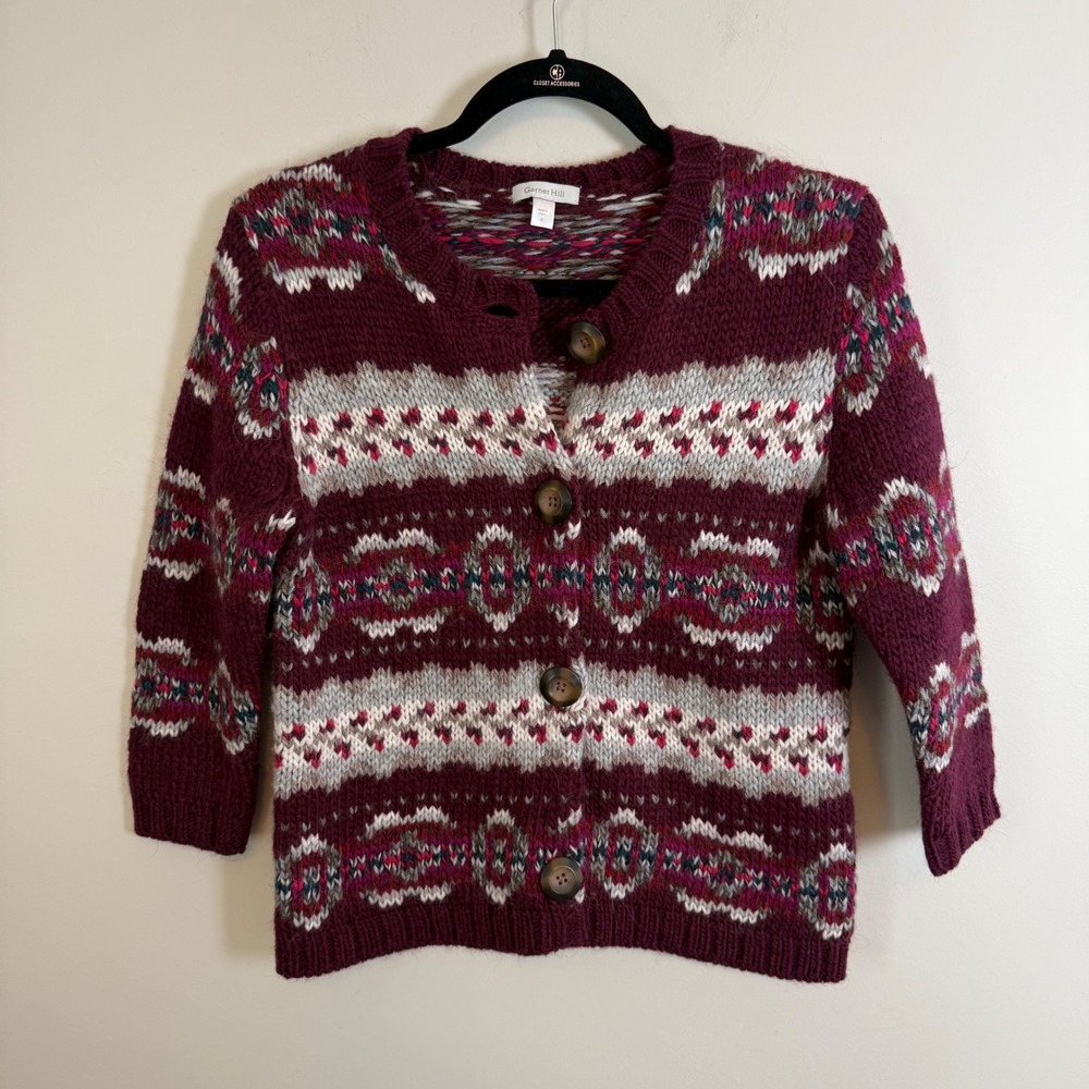 Garnet Hill Womens Fair Isle Chunky Wool Alpaca Blend Cardigan Sweater S